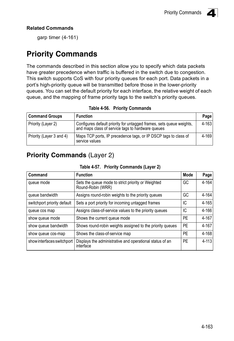 Priority commands, Priority commands (layer 2), Table 4-56 | Table 4-57, E 4-163) | SMC Networks 16 10BASE-T User Manual | Page 339 / 384