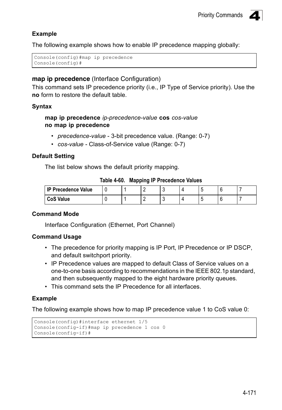 Map ip precedence (interface configuration), Table 4-60, Mapping ip precedence values | SMC Networks 16 10BASE-T User Manual | Page 347 / 384