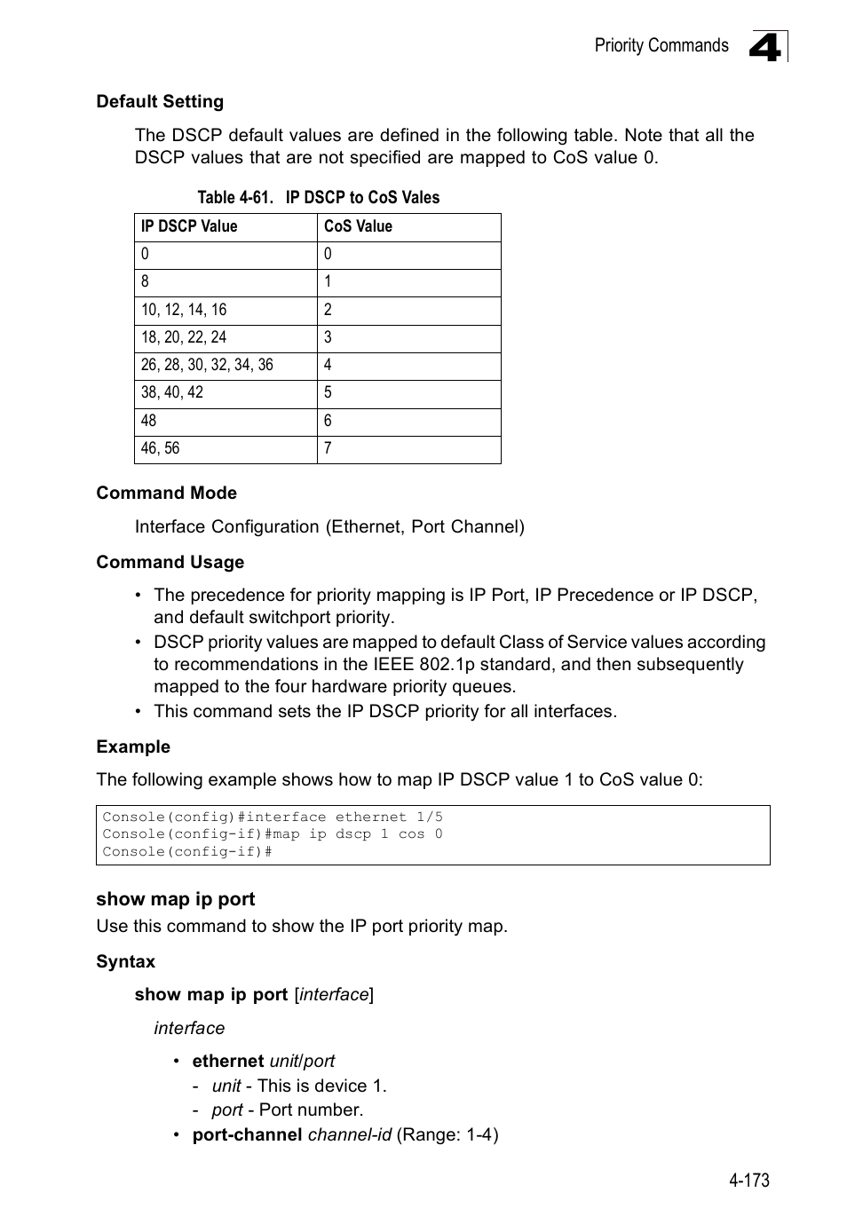 Show map ip port, Table 4-61, Ip dscp to cos vales | SMC Networks 16 10BASE-T User Manual | Page 349 / 384