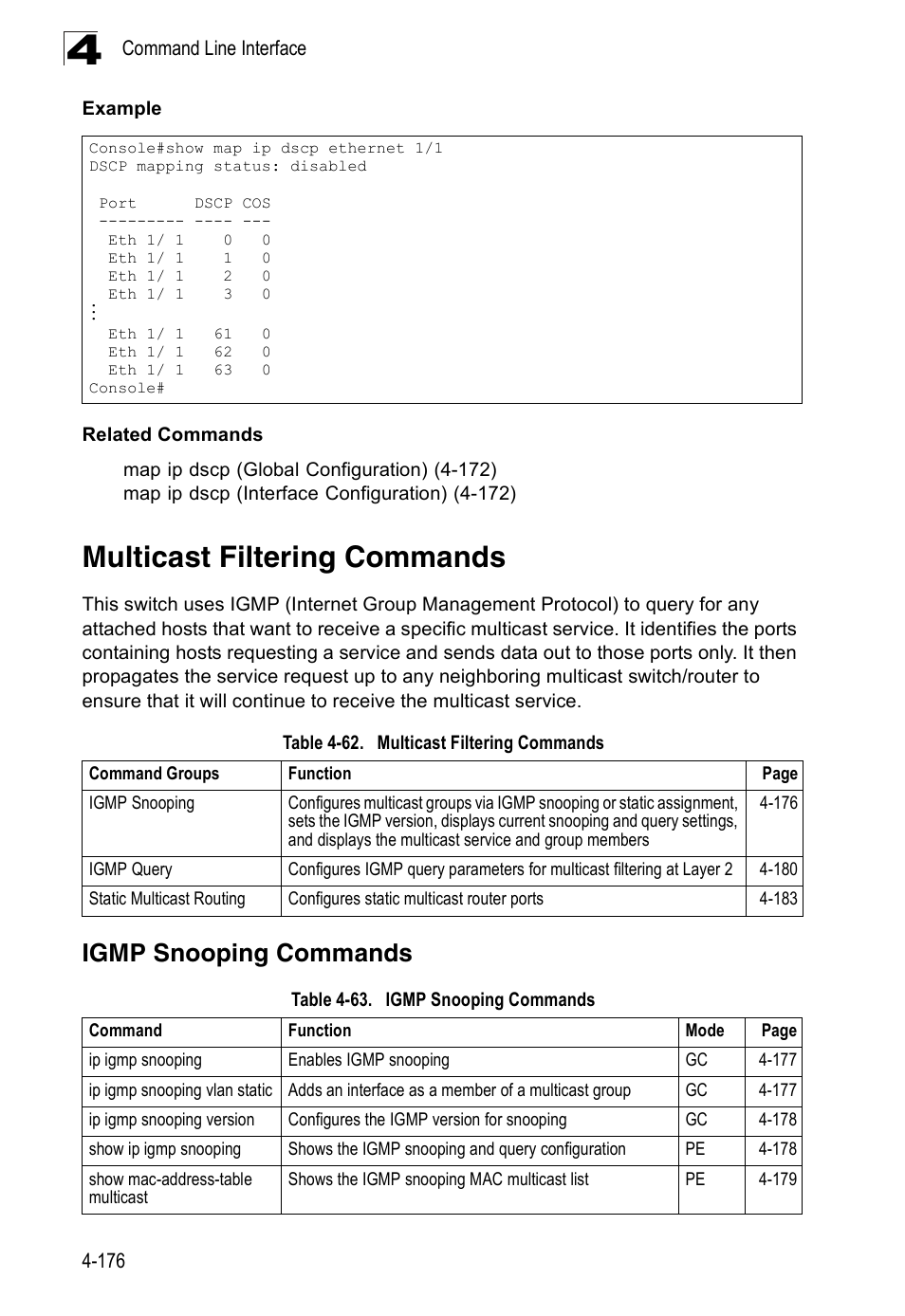 Multicast filtering commands, Igmp snooping commands, Table 4-62 | Table 4-63 | SMC Networks 16 10BASE-T User Manual | Page 352 / 384