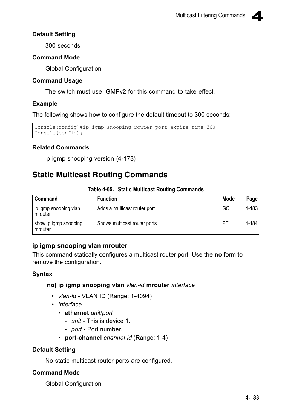 Static multicast routing commands, Ip igmp snooping vlan mrouter, Table 4-65 | SMC Networks 16 10BASE-T User Manual | Page 359 / 384