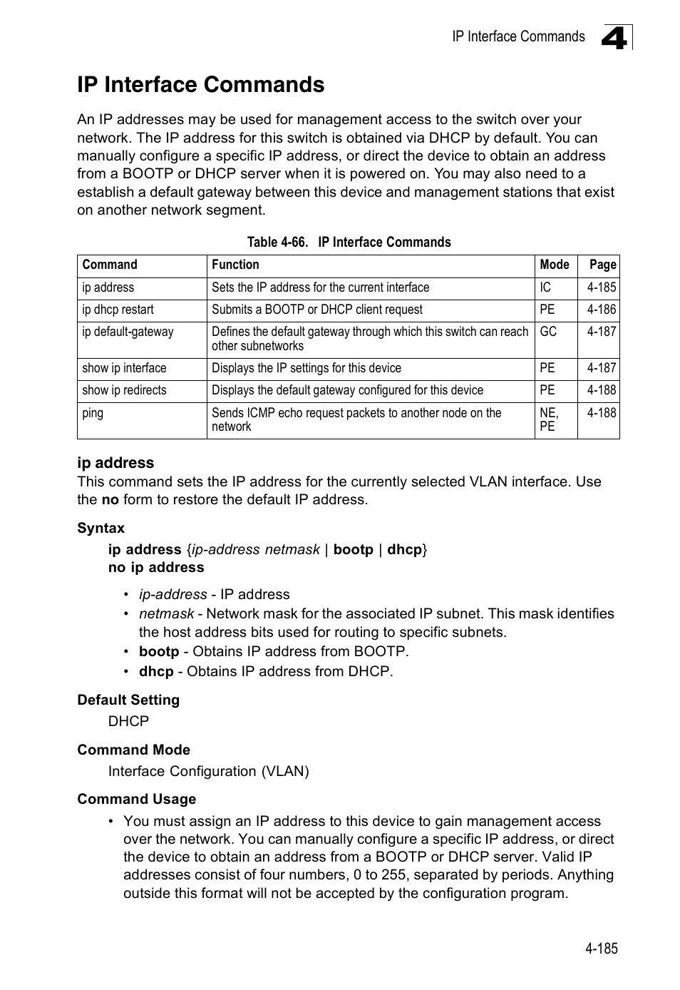 Ip interface commands, Ip address, Table 4-66 | SMC Networks 16 10BASE-T User Manual | Page 361 / 384