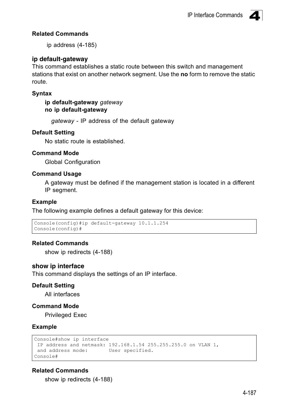 Ip default-gateway, Show ip interface | SMC Networks 16 10BASE-T User Manual | Page 363 / 384