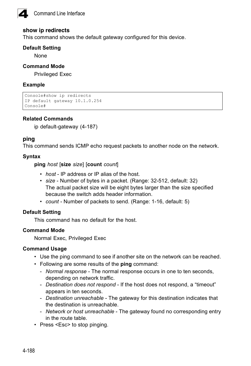 Show ip redirects, Ping, Ping 4-188 | SMC Networks 16 10BASE-T User Manual | Page 364 / 384