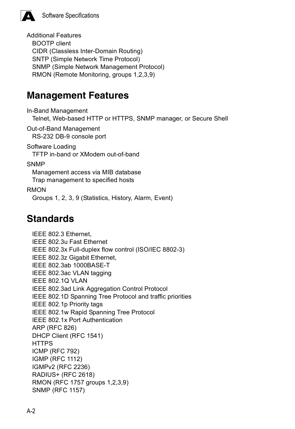 Management features, Standards, Standards a-2 | SMC Networks 16 10BASE-T User Manual | Page 368 / 384