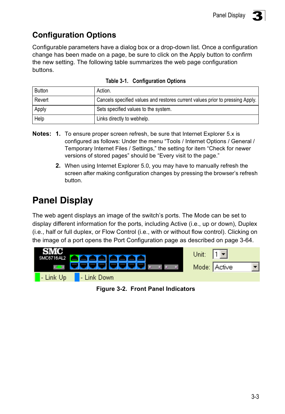 Configuration options, Panel display, Table 3-1 | Figure 3-2, Front panel indicators | SMC Networks 16 10BASE-T User Manual | Page 39 / 384