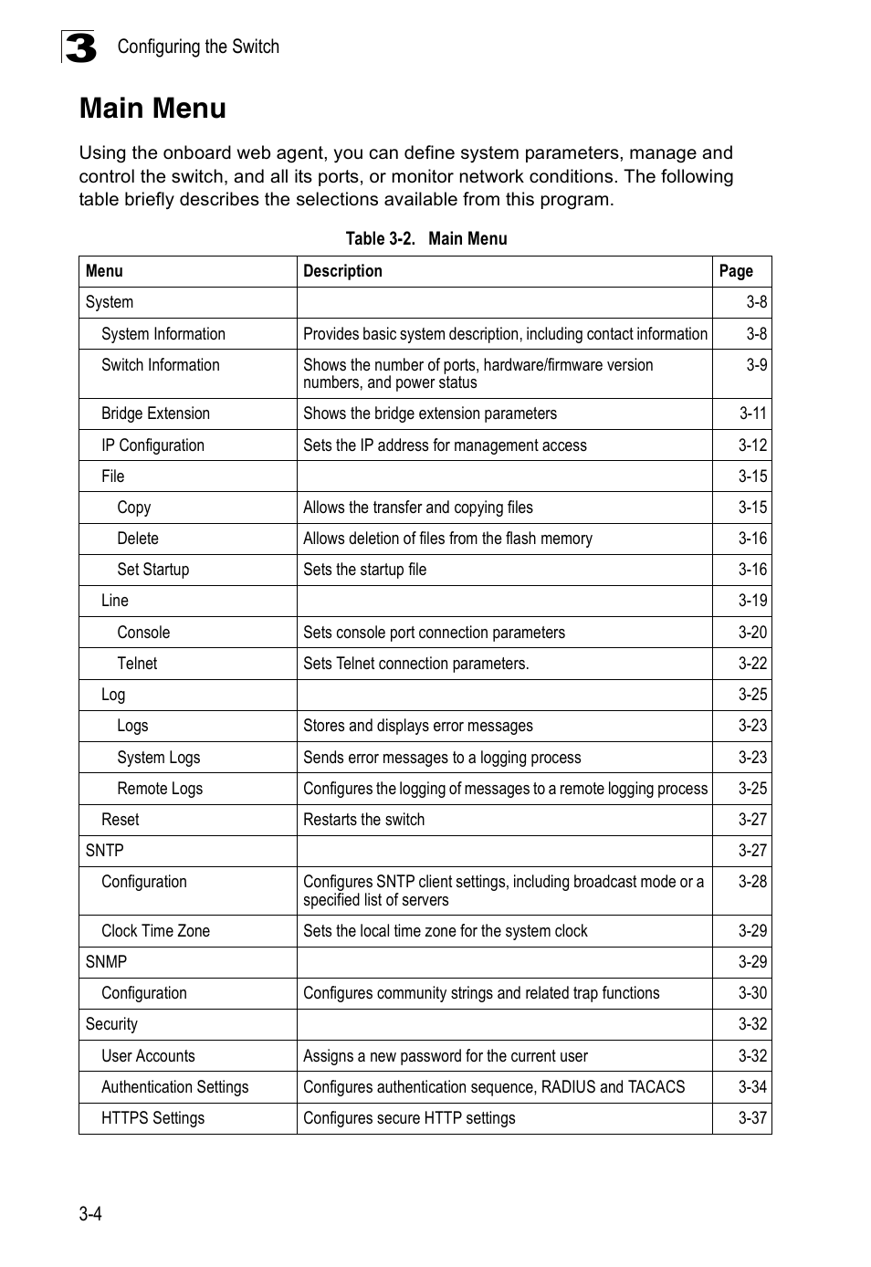 Main menu, Table 3-2 | SMC Networks 16 10BASE-T User Manual | Page 40 / 384