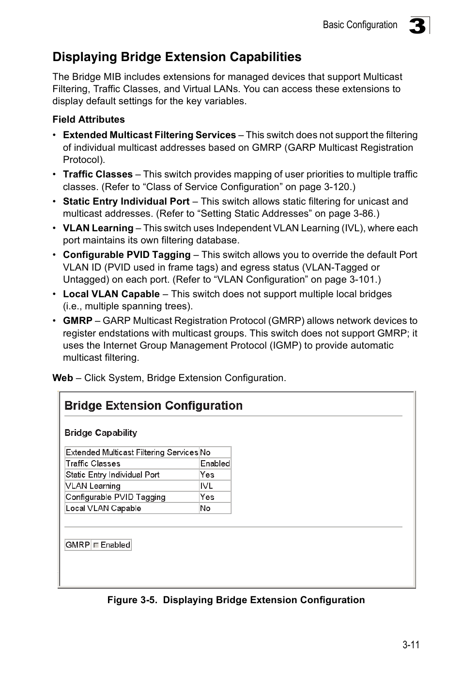 Displaying bridge extension capabilities, Figure 3-5, Displaying bridge extension configuration | SMC Networks 16 10BASE-T User Manual | Page 47 / 384