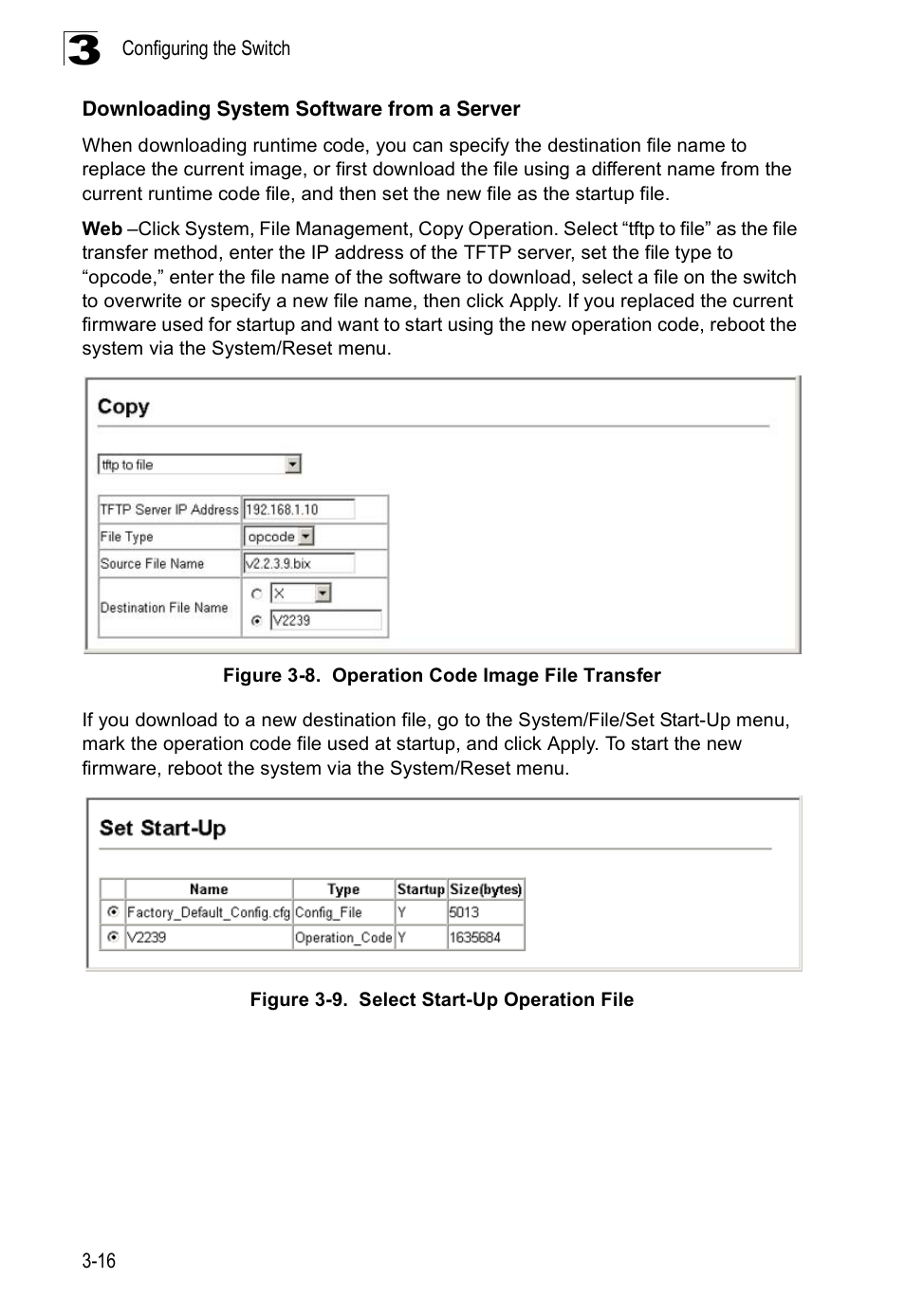 Downloading system software from a server, Figure 3-8, Operation code image file transfer | Figure 3-9, Select start-up operation file | SMC Networks 16 10BASE-T User Manual | Page 52 / 384