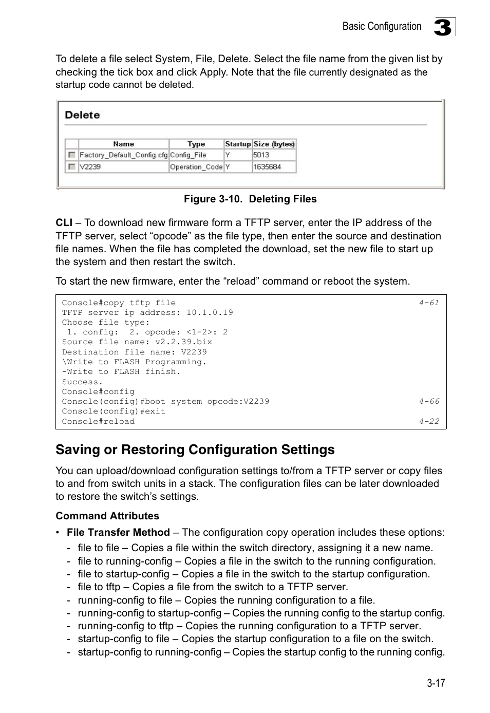 Saving or restoring configuration settings, Figure 3-10. deleting files | SMC Networks 16 10BASE-T User Manual | Page 53 / 384