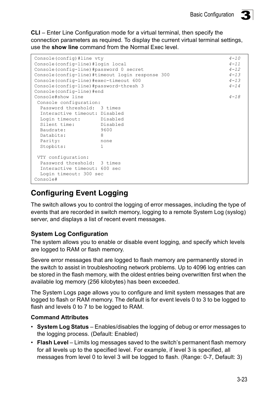 Configuring event logging, System log configuration | SMC Networks 16 10BASE-T User Manual | Page 59 / 384