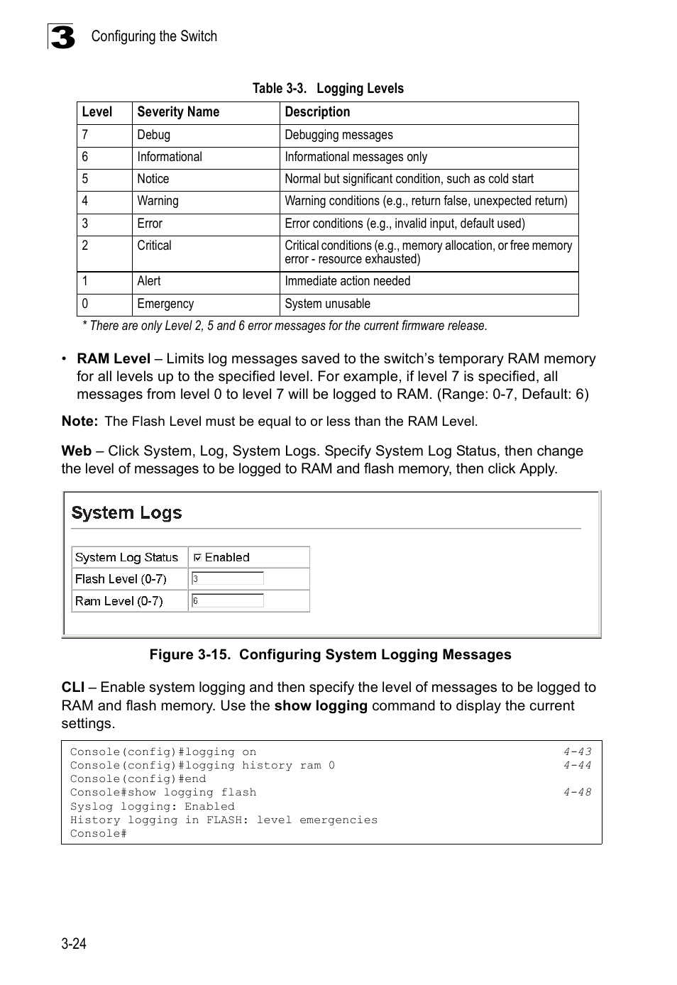 Table 3-3, Logging levels, Figure 3-15. configuring system logging messages | SMC Networks 16 10BASE-T User Manual | Page 60 / 384