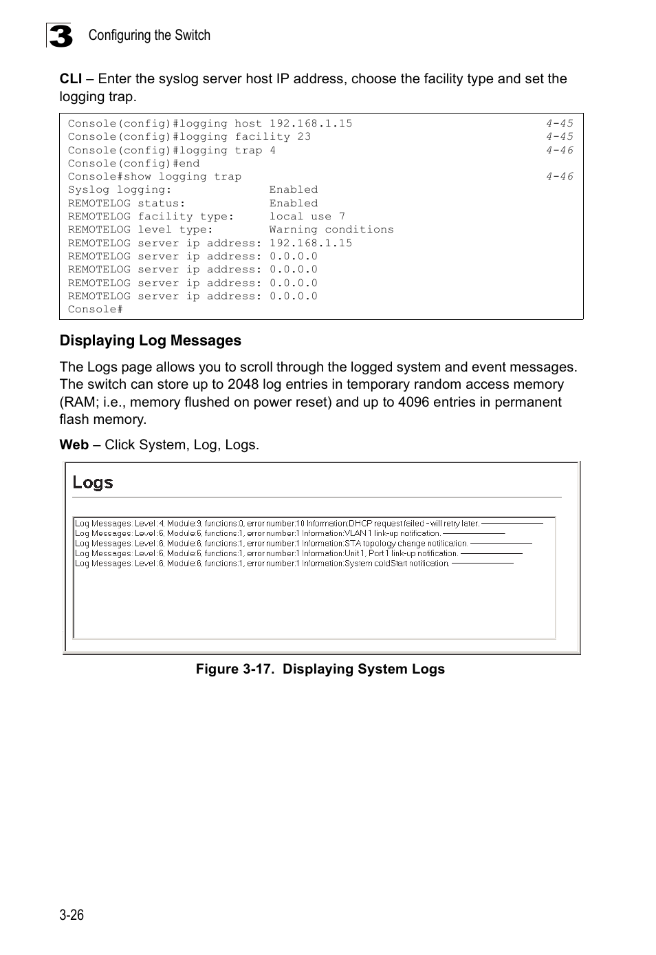 Displaying log messages, Figure 3-17. displaying system logs | SMC Networks 16 10BASE-T User Manual | Page 62 / 384