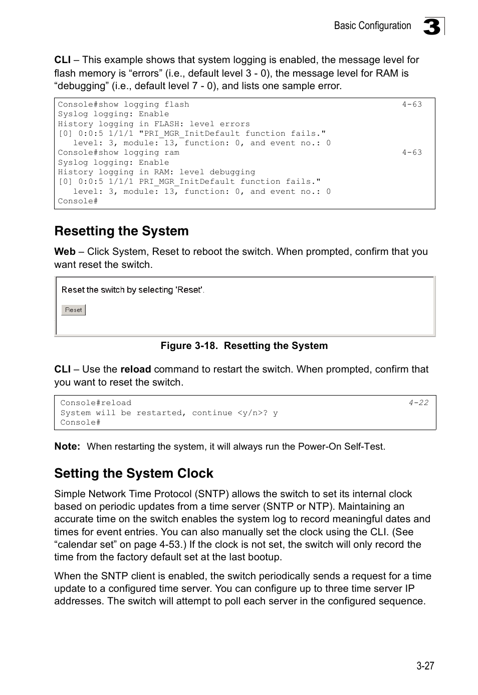 Resetting the system, Setting the system clock, Figure 3-18. resetting the system | SMC Networks 16 10BASE-T User Manual | Page 63 / 384