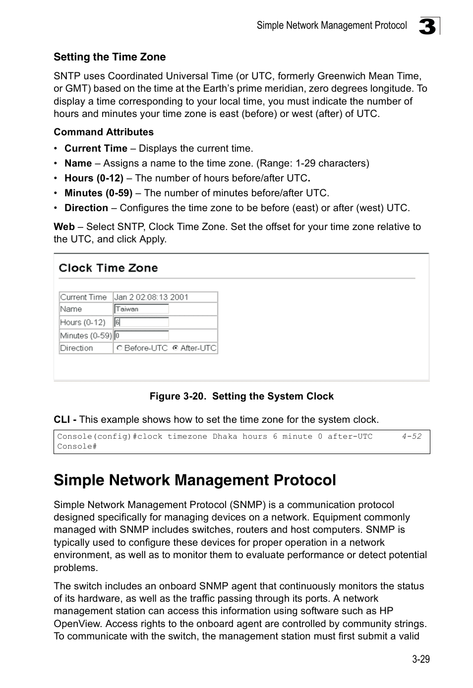 Setting the time zone, Simple network management protocol, Figure 3-20. setting the system clock | SMC Networks 16 10BASE-T User Manual | Page 65 / 384