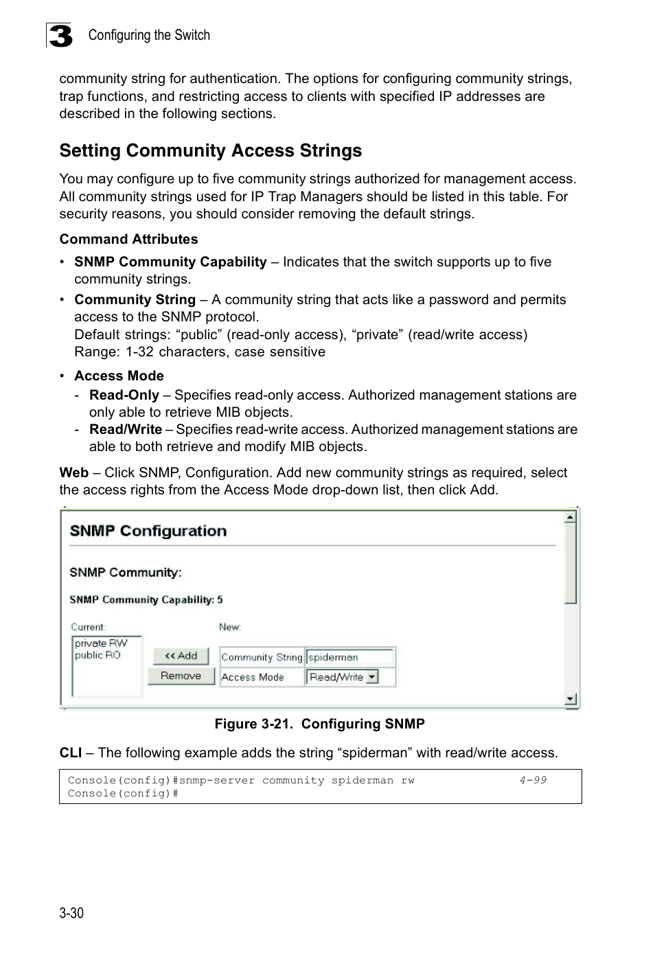 Setting community access strings, Figure 3-21. configuring snmp | SMC Networks 16 10BASE-T User Manual | Page 66 / 384