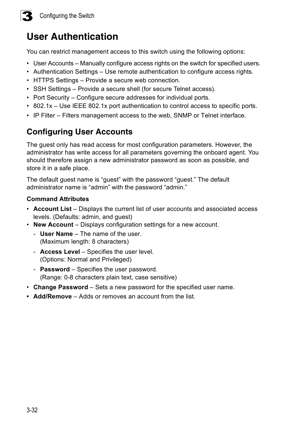 User authentication, Configuring user accounts | SMC Networks 16 10BASE-T User Manual | Page 68 / 384