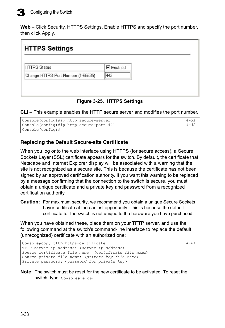 Replacing the default secure-site certificate, Figure 3-25. https settings, E “replacing the default secure-site | SMC Networks 16 10BASE-T User Manual | Page 74 / 384