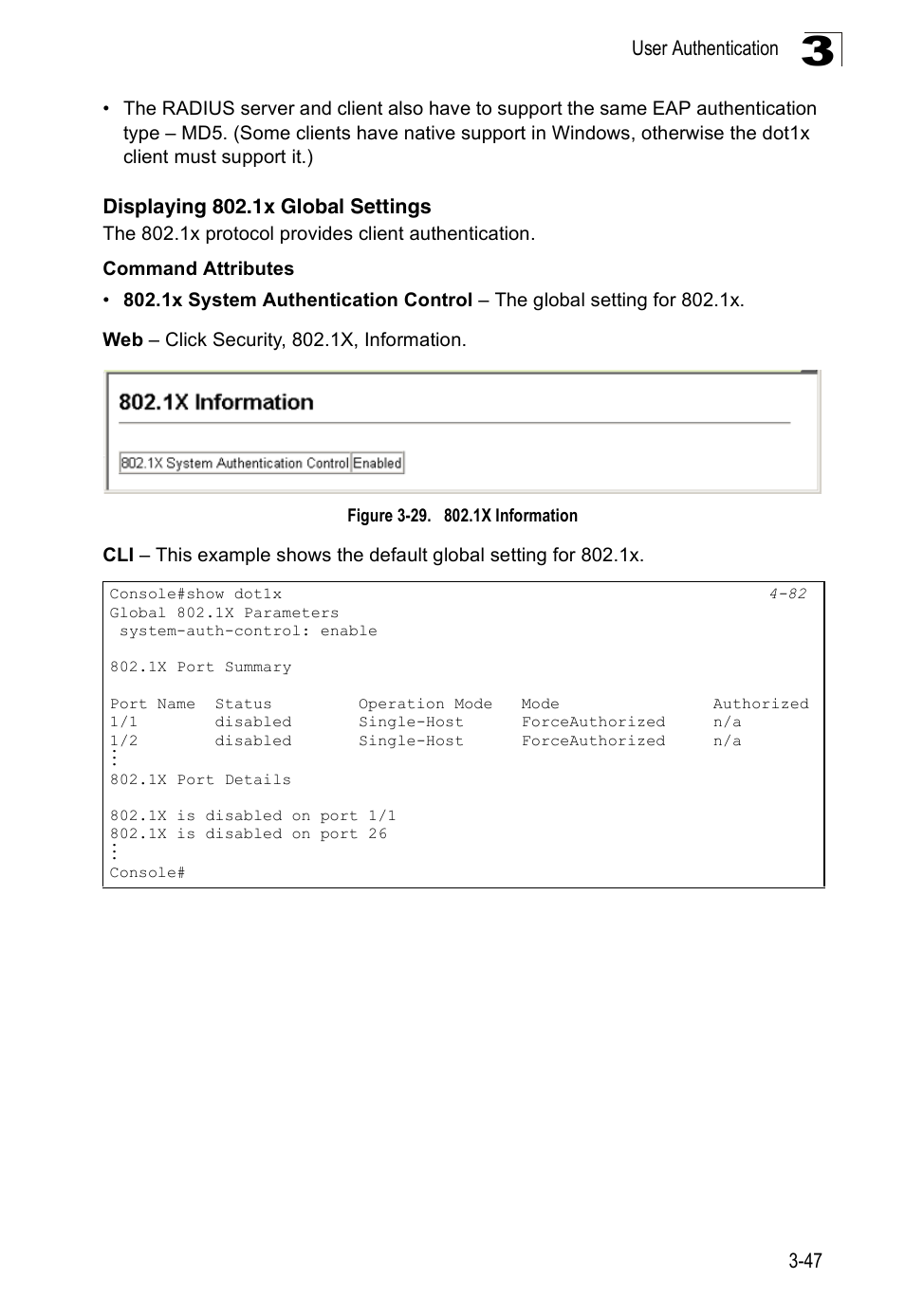 Displaying 802.1x global settings, Figure 3-29. 802.1x information | SMC Networks 16 10BASE-T User Manual | Page 83 / 384