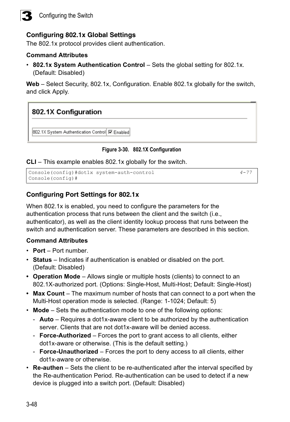 Configuring 802.1x global settings, Configuring port settings for 802.1x, Figure 3-30. 802.1x configuration | SMC Networks 16 10BASE-T User Manual | Page 84 / 384