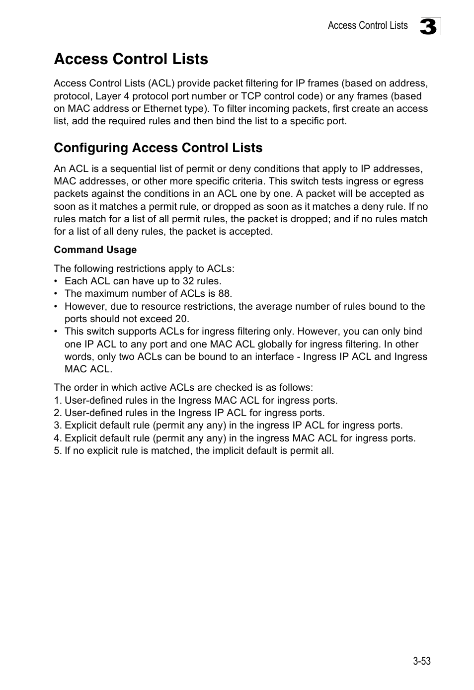 Access control lists, Configuring access control lists | SMC Networks 16 10BASE-T User Manual | Page 89 / 384