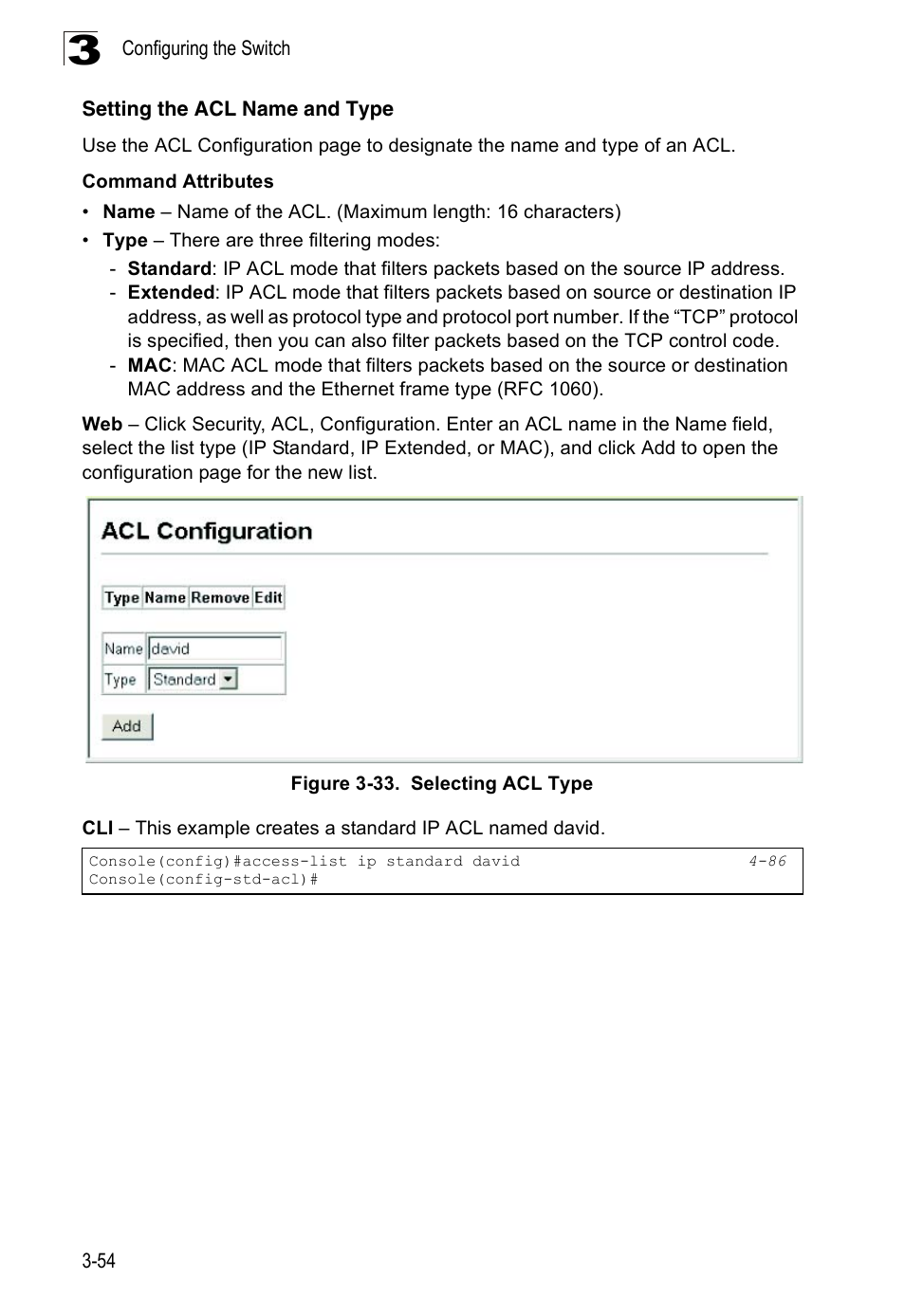 Setting the acl name and type, Figure 3-33. selecting acl type | SMC Networks 16 10BASE-T User Manual | Page 90 / 384