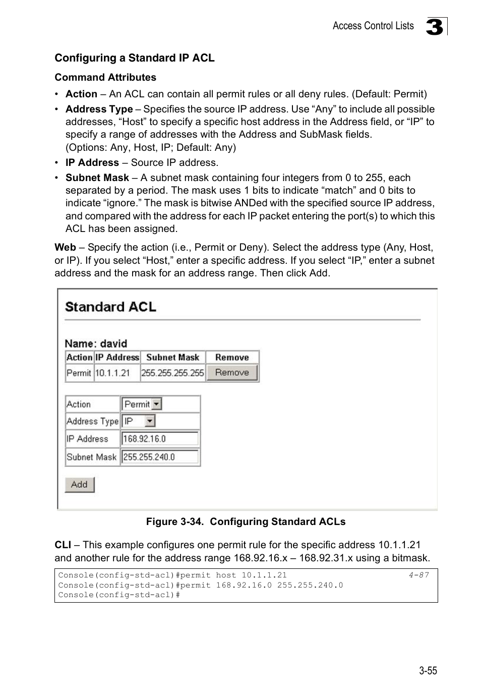 Configuring a standard ip acl, Figure 3-34. configuring standard acls | SMC Networks 16 10BASE-T User Manual | Page 91 / 384