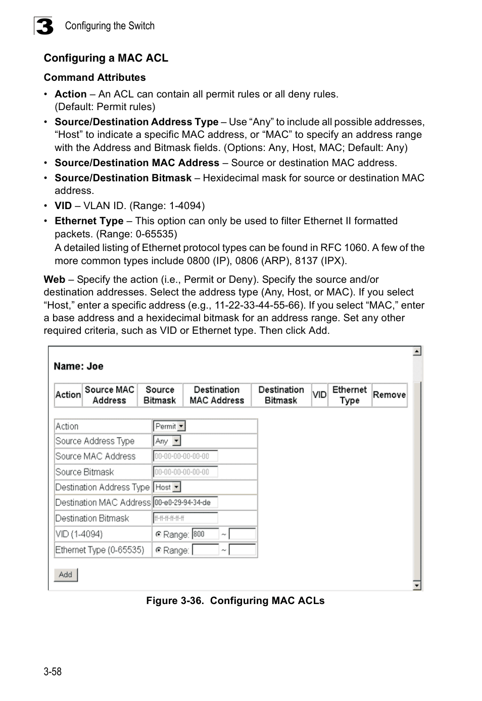 Configuring a mac acl, Figure 3-36. configuring mac acls | SMC Networks 16 10BASE-T User Manual | Page 94 / 384