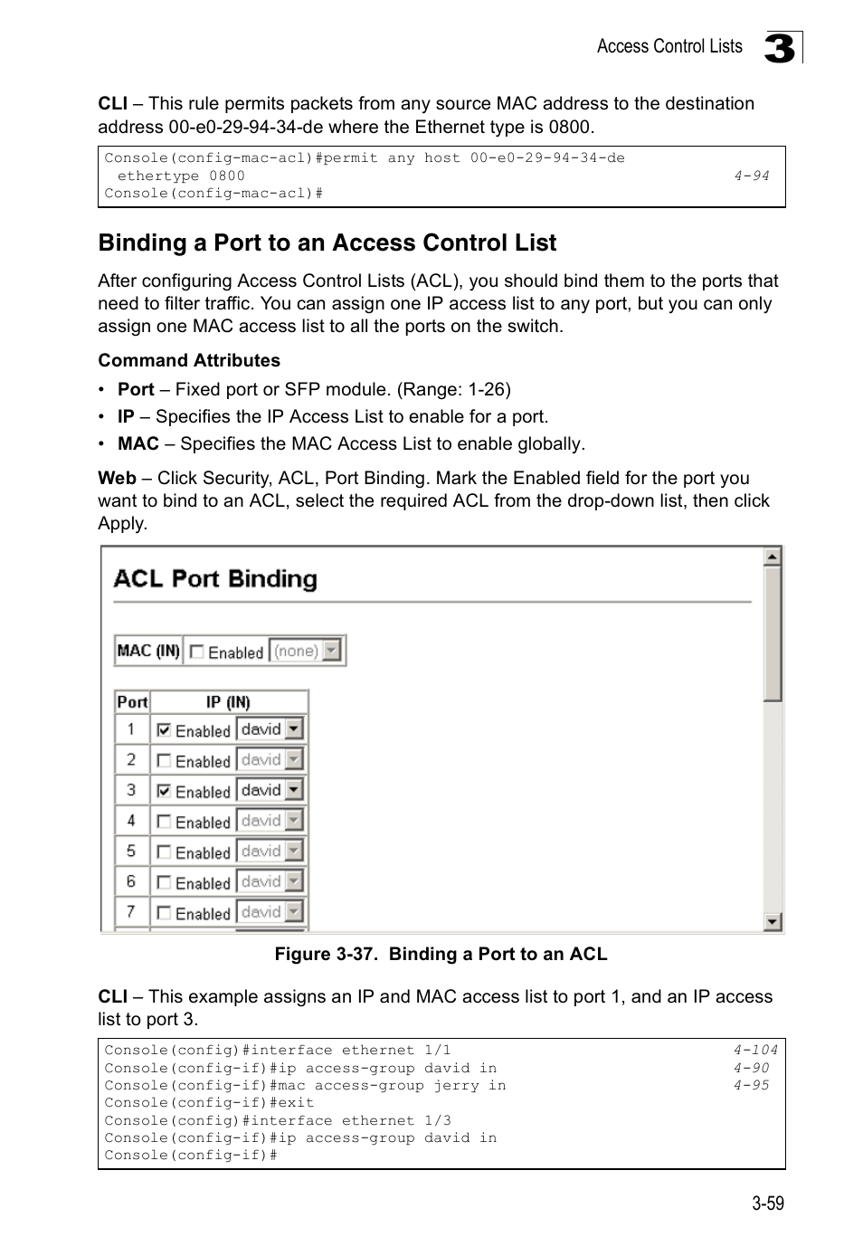 Binding a port to an access control list, Figure 3-37. binding a port to an acl | SMC Networks 16 10BASE-T User Manual | Page 95 / 384