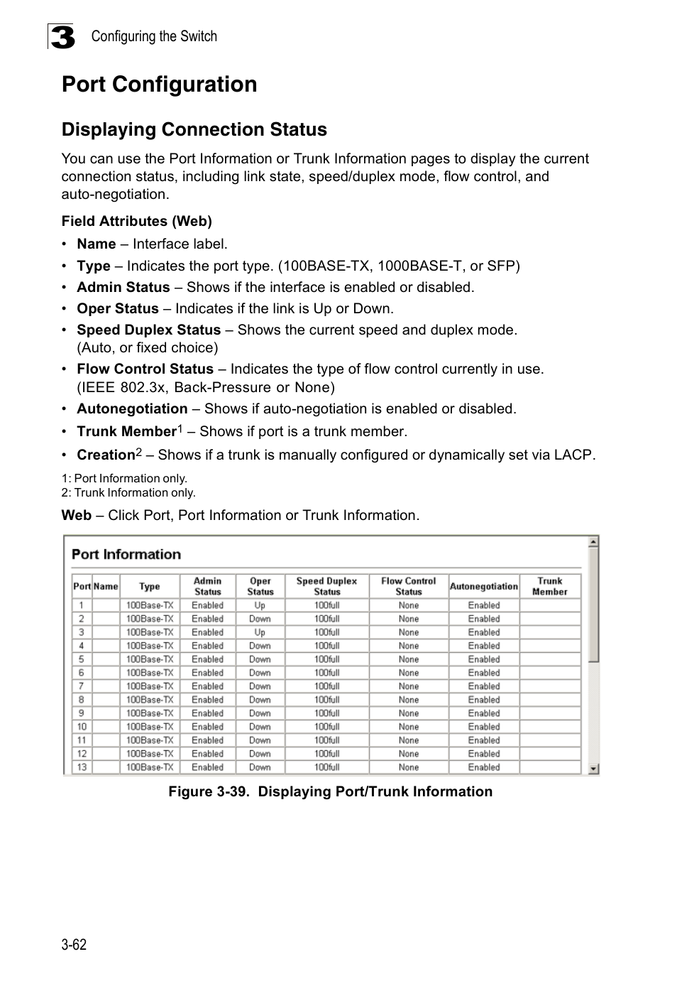 Port configuration, Displaying connection status, Figure 3-39. displaying port/trunk information | SMC Networks 16 10BASE-T User Manual | Page 98 / 384