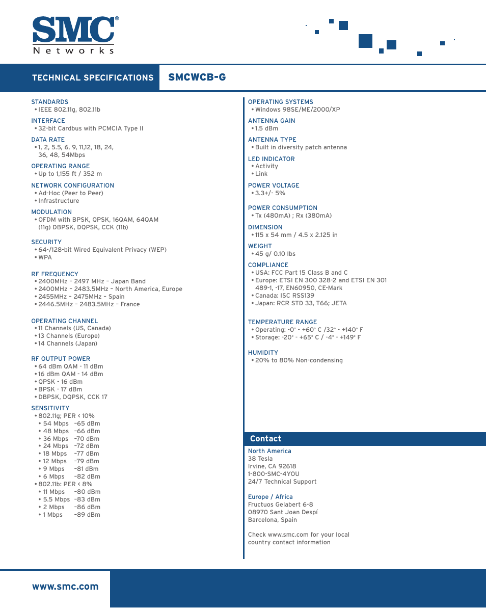 Smcwcb-g, Technical specifications, Contact | SMC Networks SMCWCB-G User Manual | Page 2 / 2