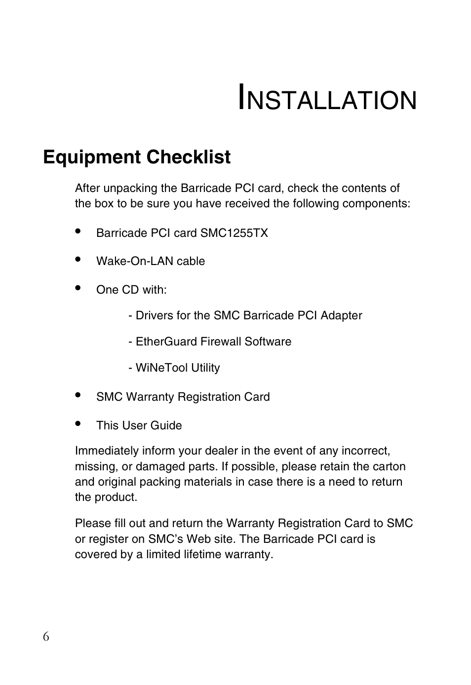 Installation, Equipment checklist, Nstallation | SMC Networks SMC1255TX User Manual | Page 16 / 55