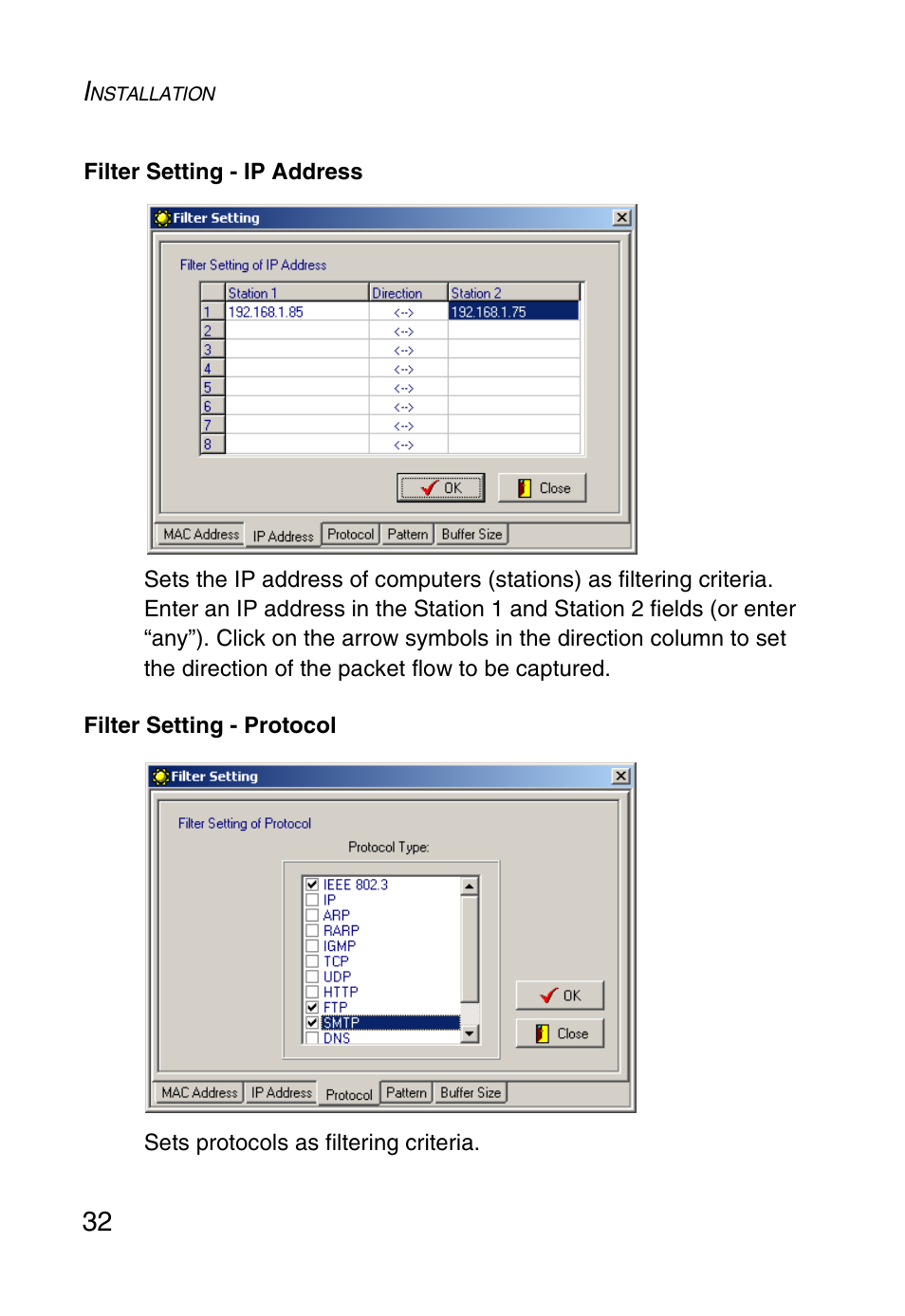 Filter setting - ip address, Filter setting - protocol | SMC Networks SMC1255TX User Manual | Page 42 / 55