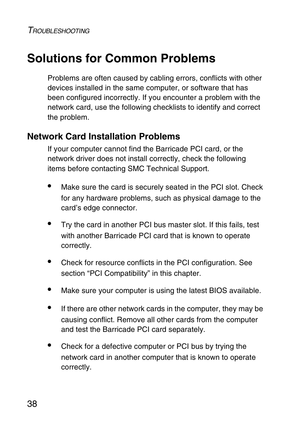 Solutions for common problems, Network card installation problems | SMC Networks SMC1255TX User Manual | Page 48 / 55