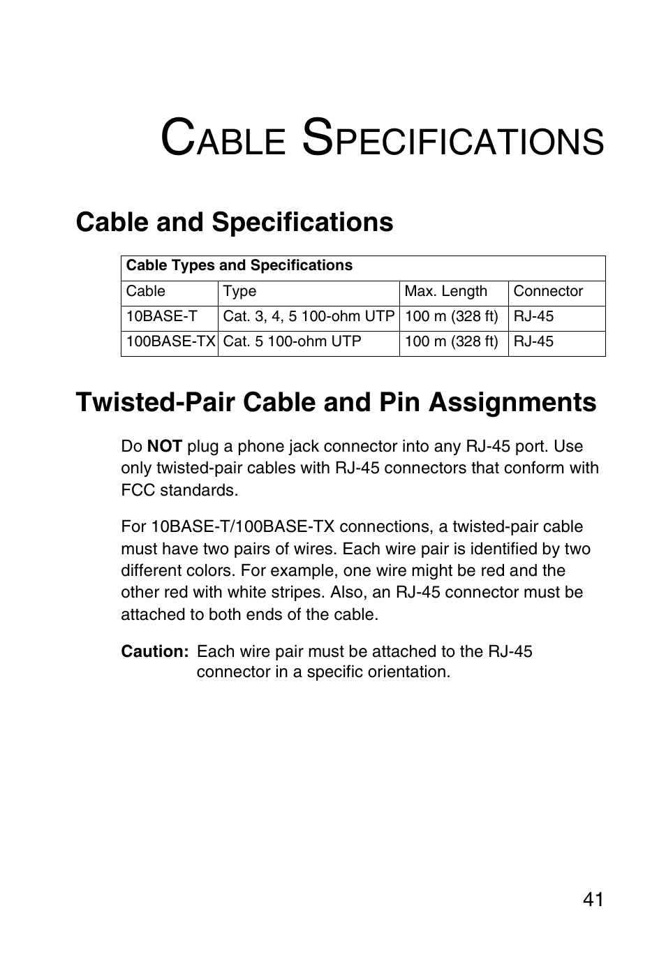 Cable specifications, Cable and specifications, Twisted-pair cable and pin assignments | Able, Pecifications | SMC Networks SMC1255TX User Manual | Page 51 / 55