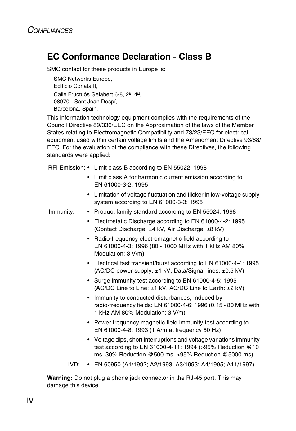 Iv ec conformance declaration - class b | SMC Networks SMC1255TX User Manual | Page 8 / 55