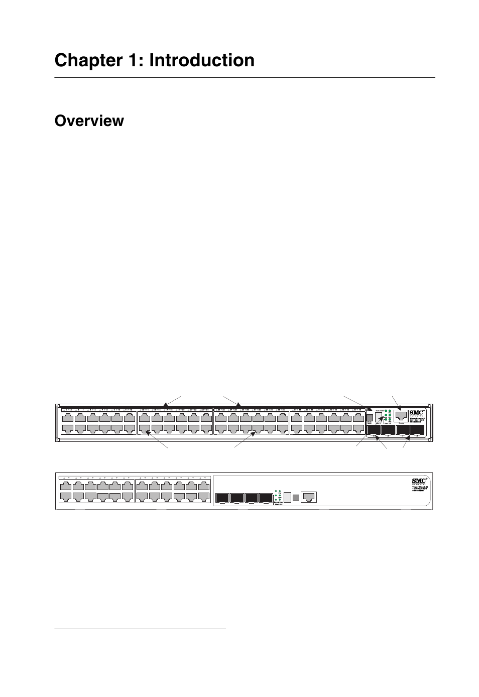 Description of hardware, 10/100/1000base-t ports, Sfp slots | 10 gigabit ethernet module slots, Stacking ports, Port and system status leds, Chapter 1: introduction, Overview, Figure 1-1 front panels | SMC Networks TIGERSTACK II SMC8950EM User Manual | Page 21 / 76