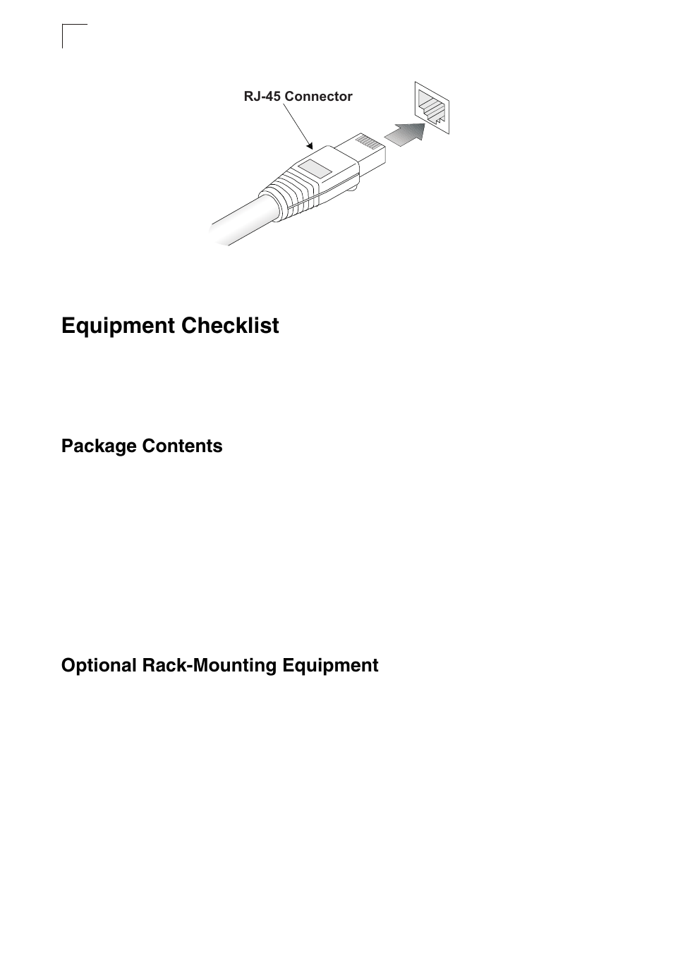 Equipment checklist, Package contents, Optional rack-mounting equipment | Figure 3-1, Rj-45 connections | SMC Networks TIGERSTACK II SMC8950EM User Manual | Page 36 / 76