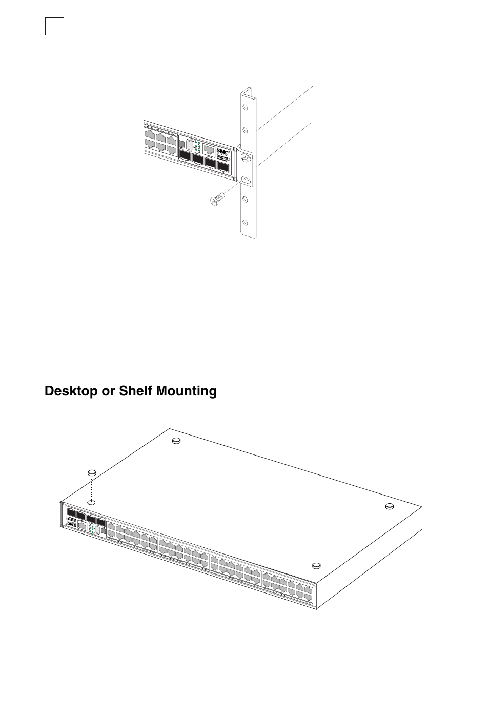 Desktop or shelf mounting, Figure 3-3, Installing the switch in a rack | Figure 3-4, Attaching the adhesive feet | SMC Networks TIGERSTACK II SMC8950EM User Manual | Page 38 / 76