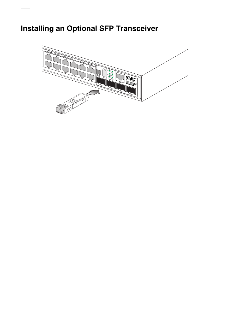 Installing an optional sfp transceiver, Figure 3-6, Inserting an sfp transceiver into a slot | SMC Networks TIGERSTACK II SMC8950EM User Manual | Page 40 / 76
