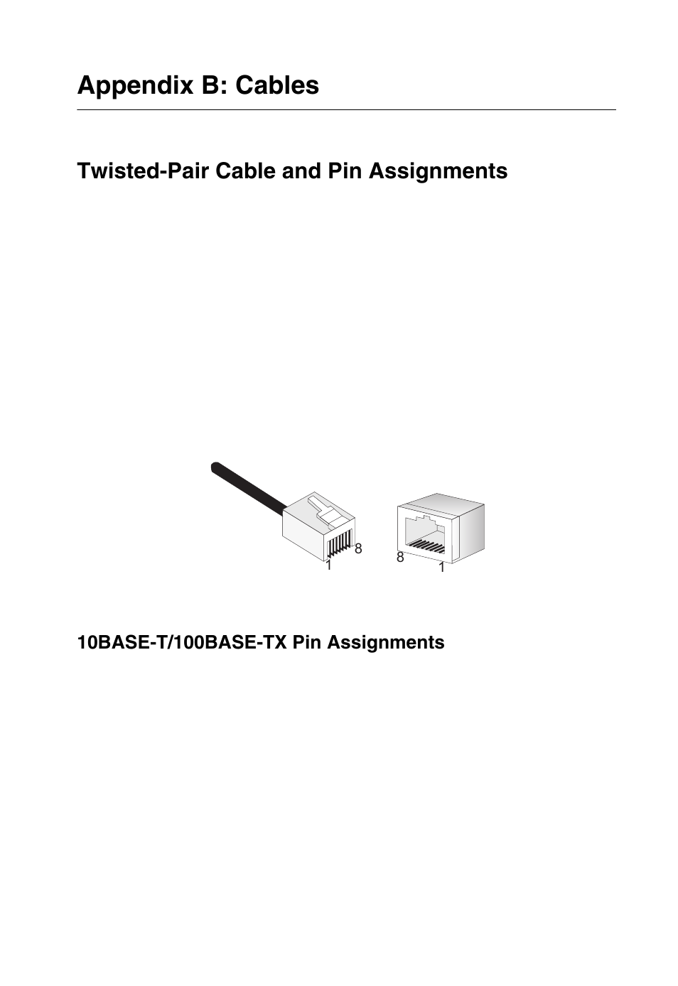 Appendix b: cables, Twisted-pair cable and pin assignments, 10base-t/100base-tx pin assignments | Figure b-1, Rj-45 connector pin numbers | SMC Networks TIGERSTACK II SMC8950EM User Manual | Page 57 / 76