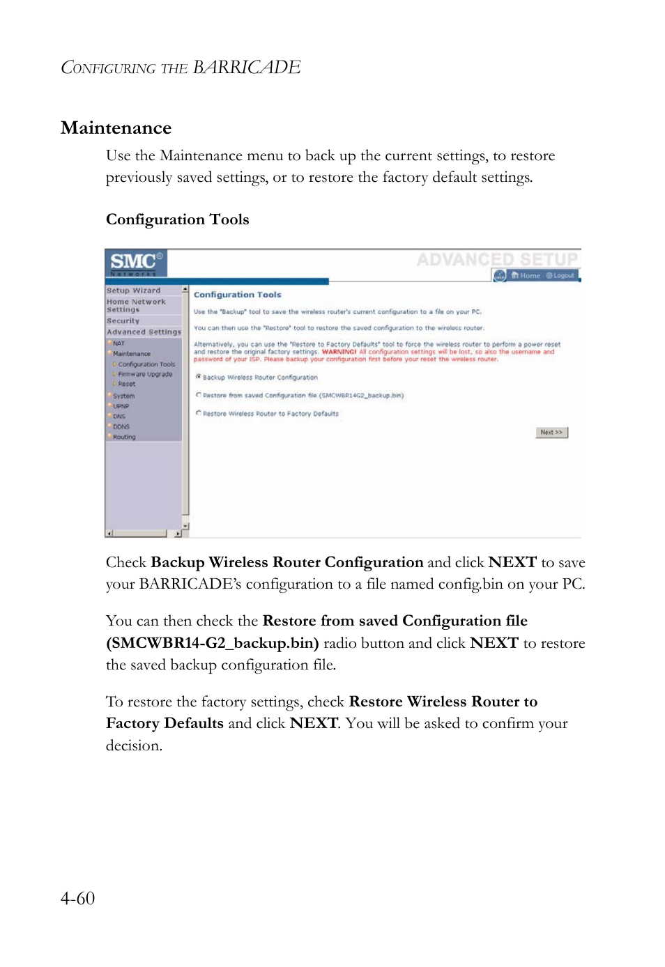 Maintenance, Maintenance -60 | SMC Networks SMC Barricade g SMCWBR14-G2 User Manual | Page 104 / 132