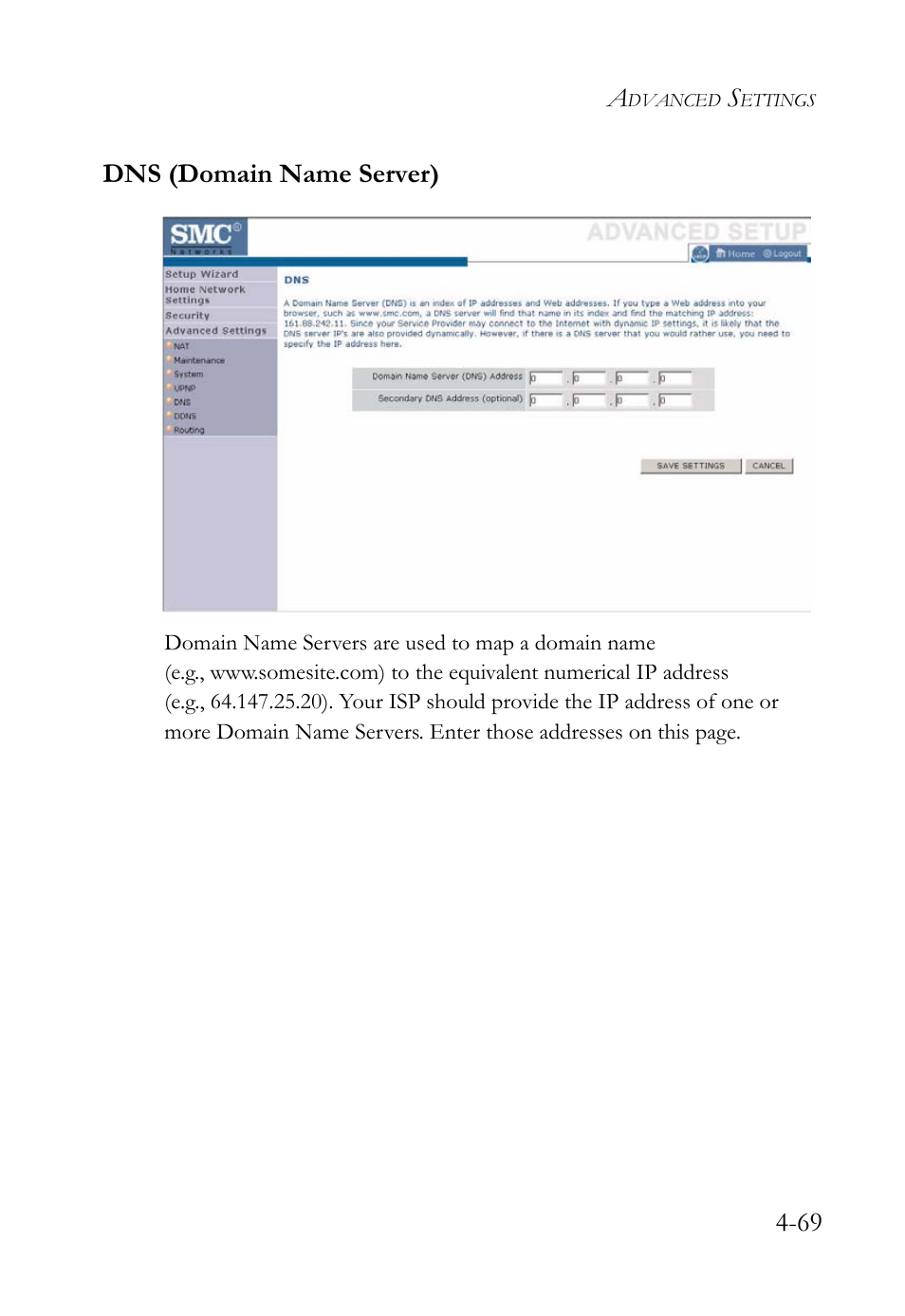 Dns (domain name server), Dns (domain name server) -69 | SMC Networks SMC Barricade g SMCWBR14-G2 User Manual | Page 113 / 132