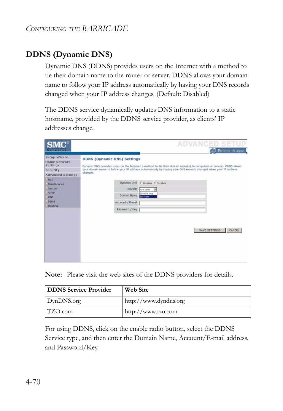 Ddns (dynamic dns), Ddns (dynamic dns) -70, Barricade 4-70 ddns (dynamic dns) | SMC Networks SMC Barricade g SMCWBR14-G2 User Manual | Page 114 / 132