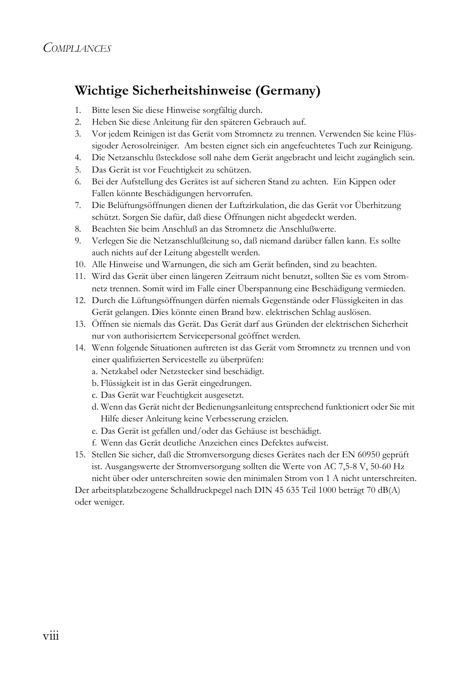 Viii wichtige sicherheitshinweise (germany) | SMC Networks SMC Barricade g SMCWBR14-G2 User Manual | Page 12 / 132