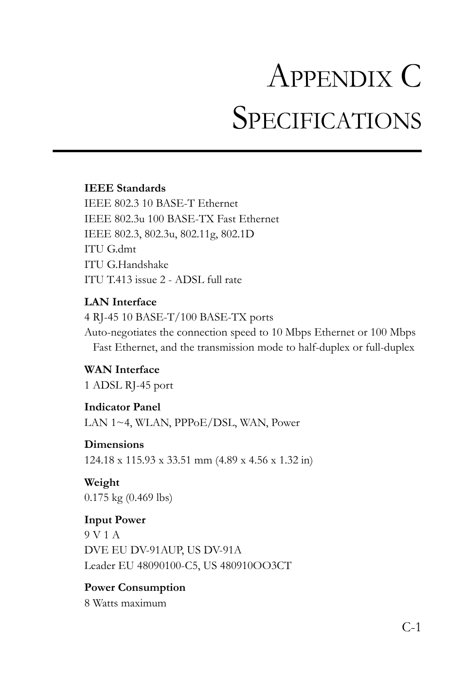 Appendix c specifications, Ppendix, Pecifications | SMC Networks SMC Barricade g SMCWBR14-G2 User Manual | Page 127 / 132