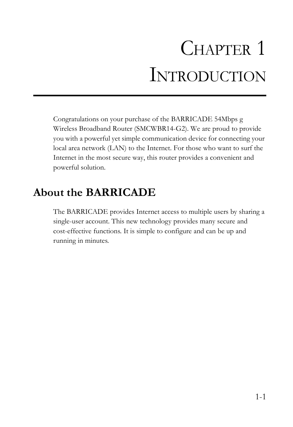 Chapter 1 introduction, About the barricade, Introduction -1 | About the barricade -1 | SMC Networks SMC Barricade g SMCWBR14-G2 User Manual | Page 15 / 132