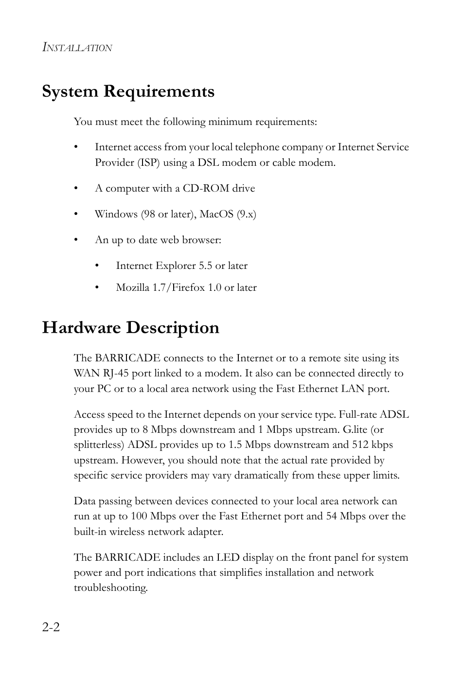 System requirements, Hardware description, System requirements -2 hardware description -2 | SMC Networks SMC Barricade g SMCWBR14-G2 User Manual | Page 20 / 132