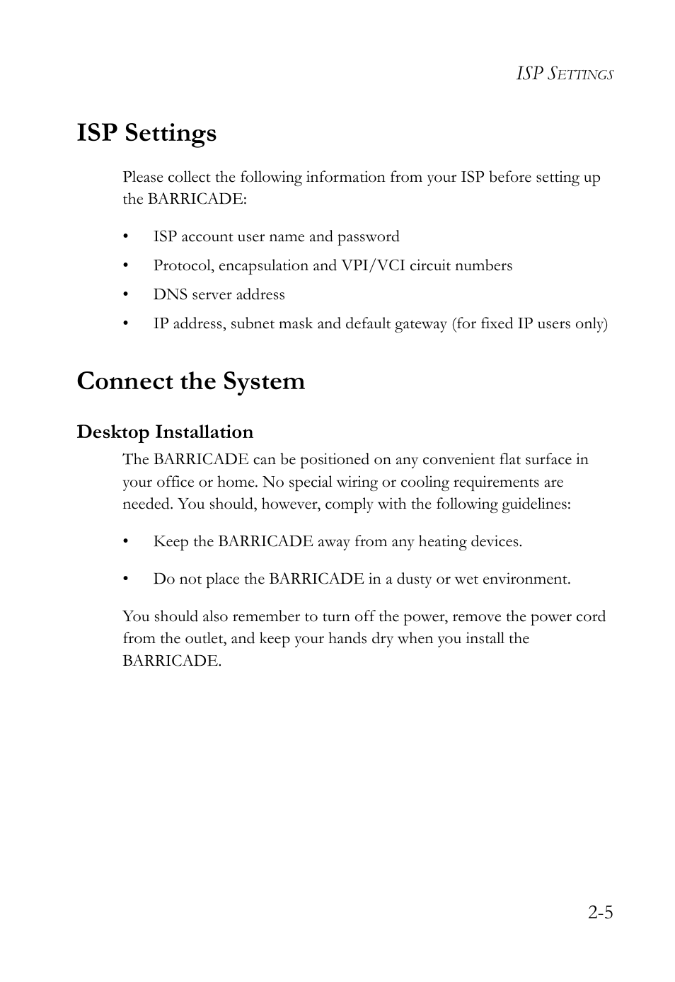 Isp settings, Connect the system, Desktop installation | Isp settings -5 connect the system -5, Desktop installation -5 | SMC Networks SMC Barricade g SMCWBR14-G2 User Manual | Page 23 / 132