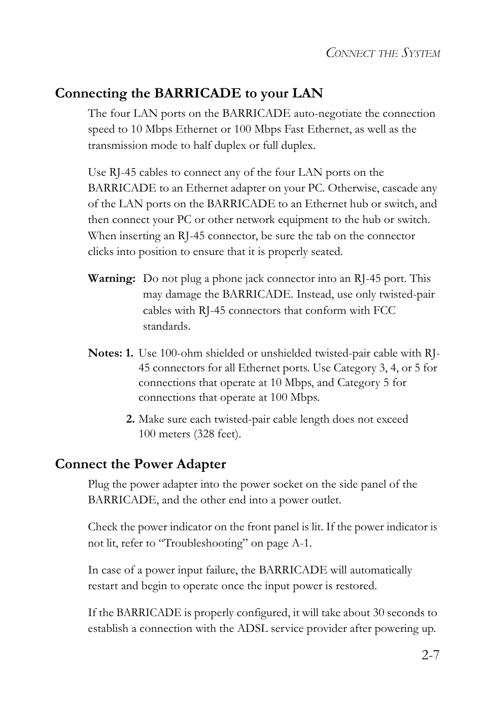 Connecting the barricade to your lan, Connect the power adapter, 7 connecting the barricade to your lan | SMC Networks SMC Barricade g SMCWBR14-G2 User Manual | Page 25 / 132